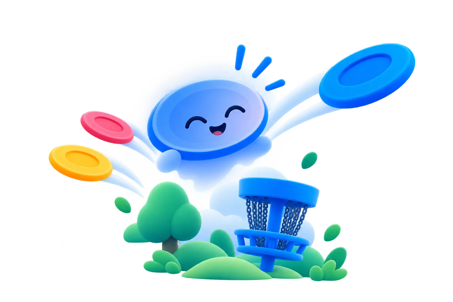 Digo laughing as discs fly past him towards a basket among the trees.